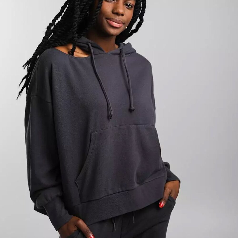 Z Supply Evereve Dark Gray Jerry Terry Hooded Sweatshirt Cut Out Shoulder Small